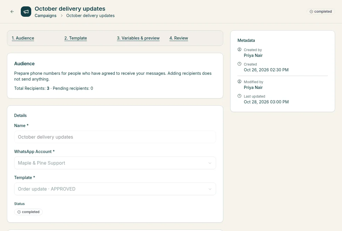 List of WhatsApp campaigns with delivery status