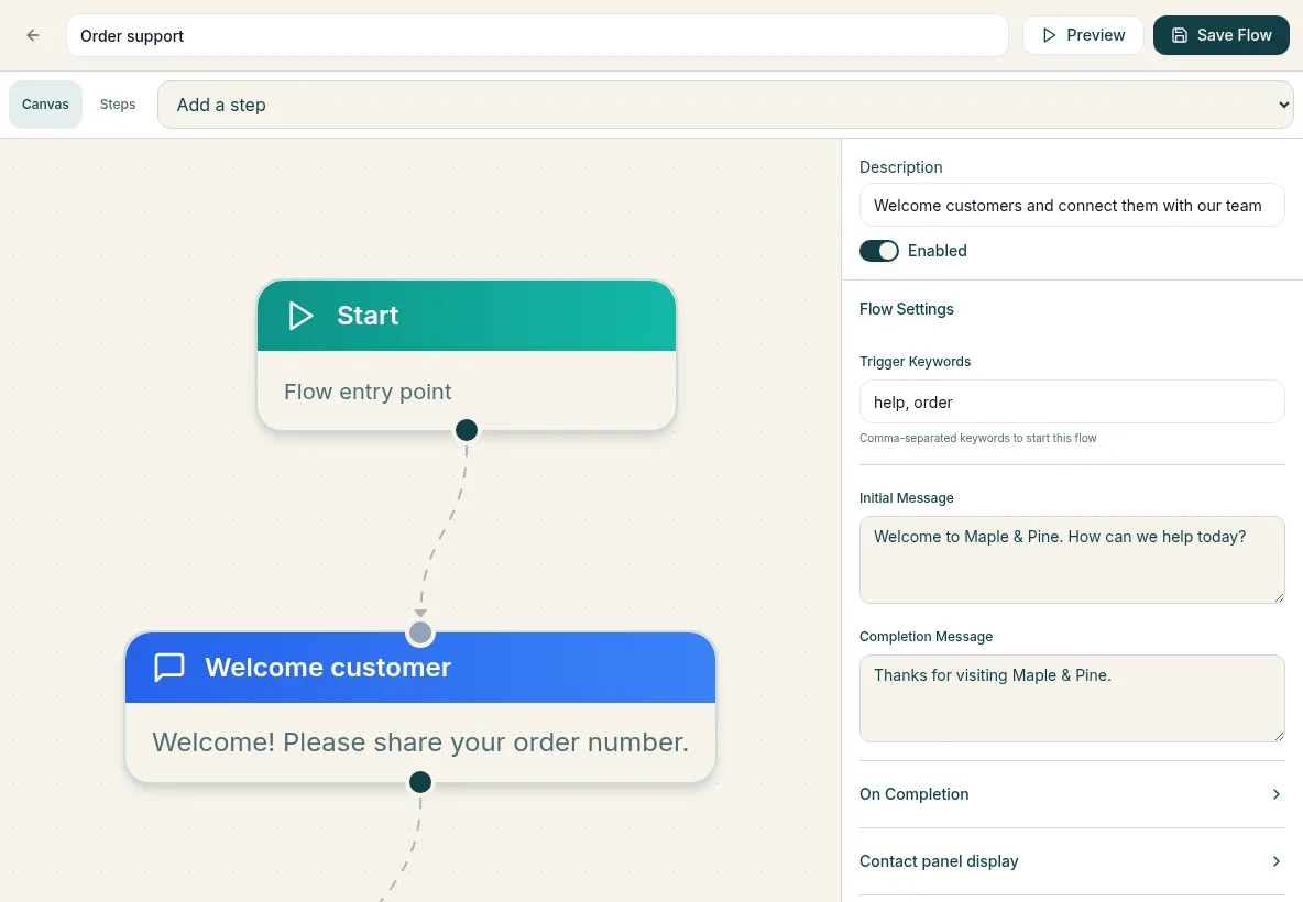 Conversation flow editor with connected steps