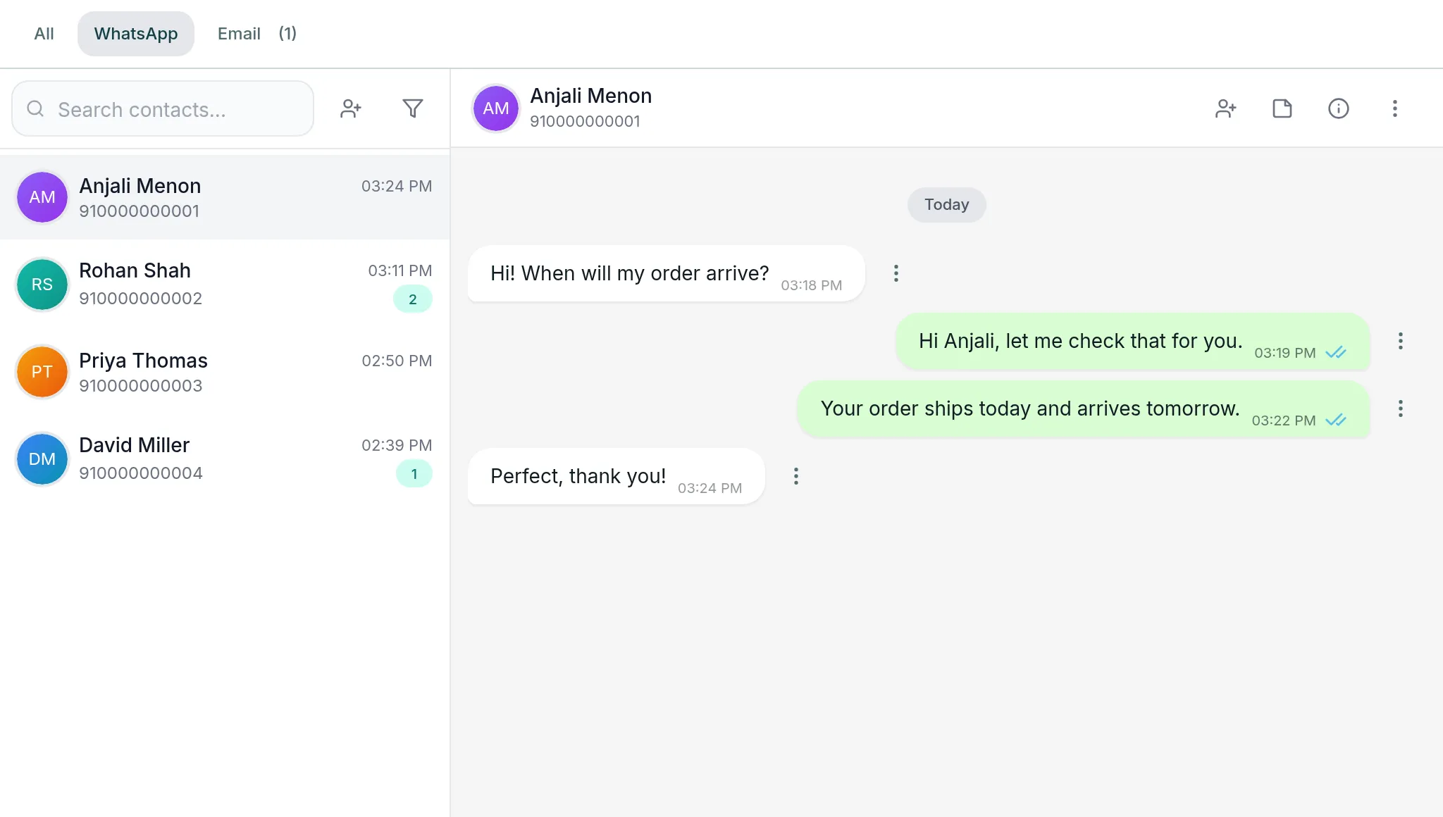 KiteGreet WhatsApp inbox with a conversation between an agent and a customer about an order